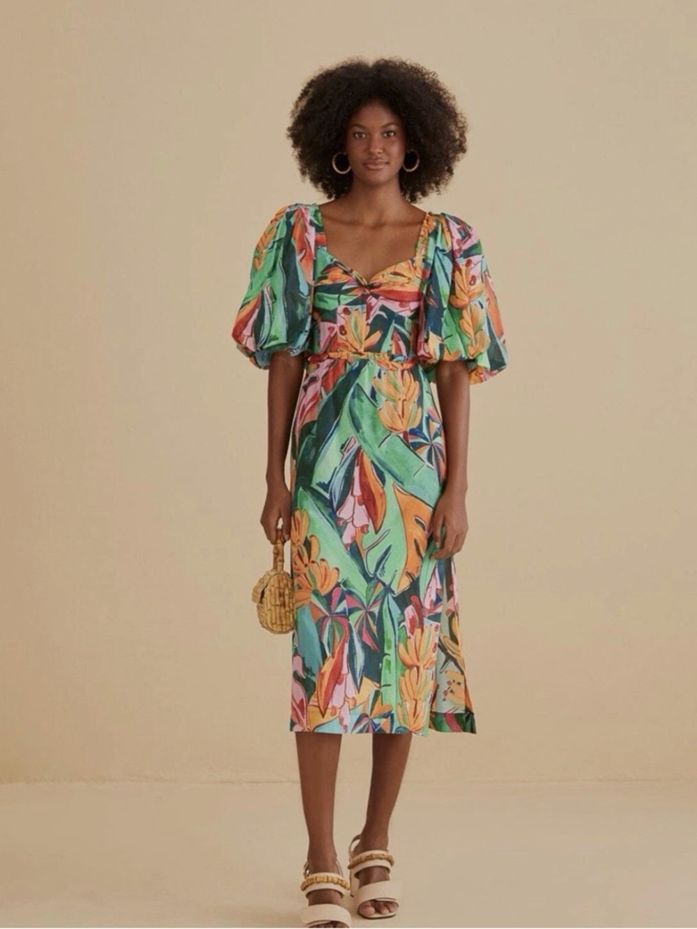 FARM Rio NWT Tropical Floral Midi Dress in Green, Yellow & Pink - Small